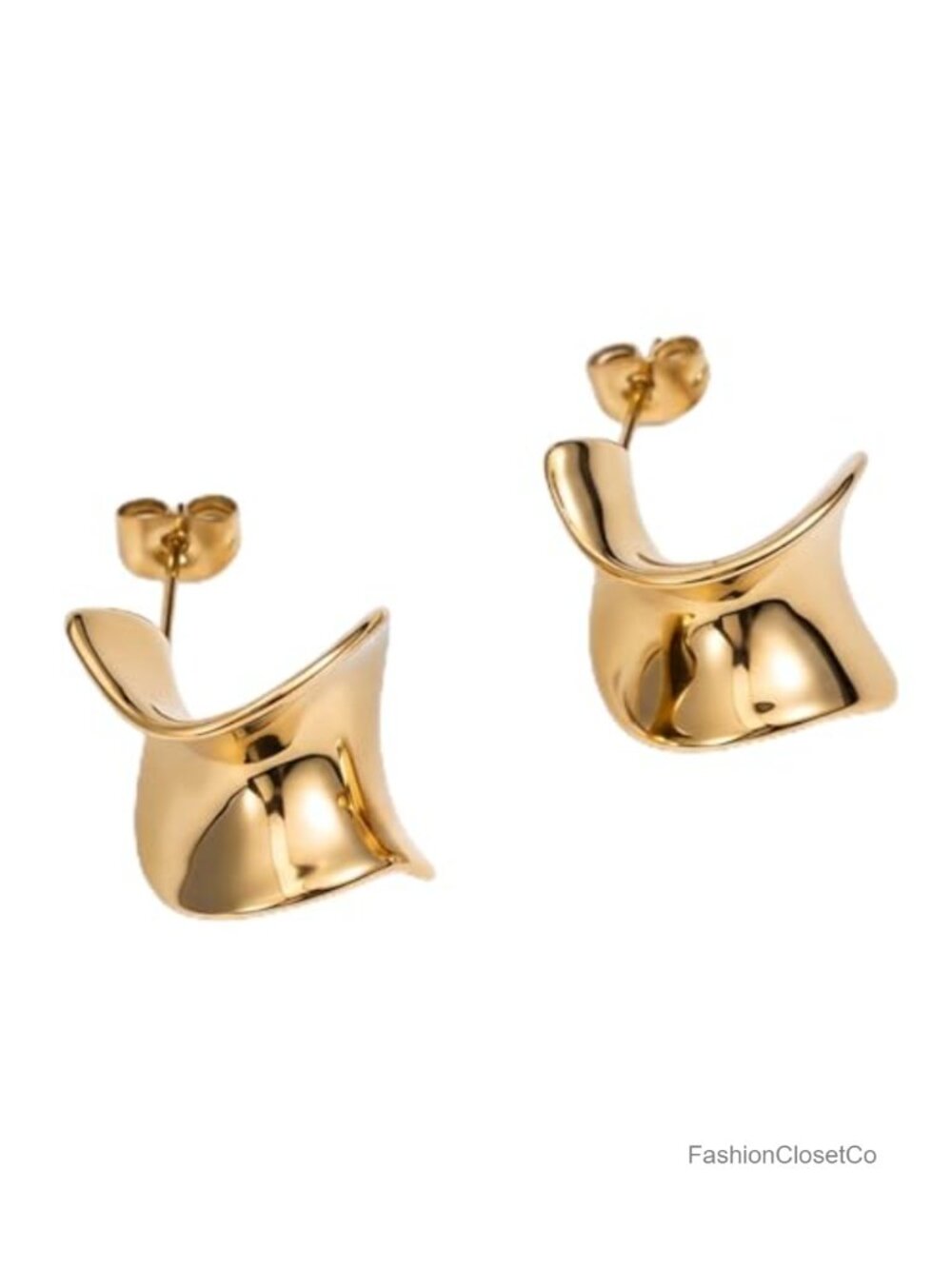14K Gold Plated Wavy Sculpted Stud Earrings Stainless Steel Hypoallergenic